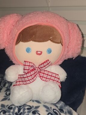 Plush Pink Hooded Baby Doll with Check Ribbon - Soft Cute Stuffed Toy